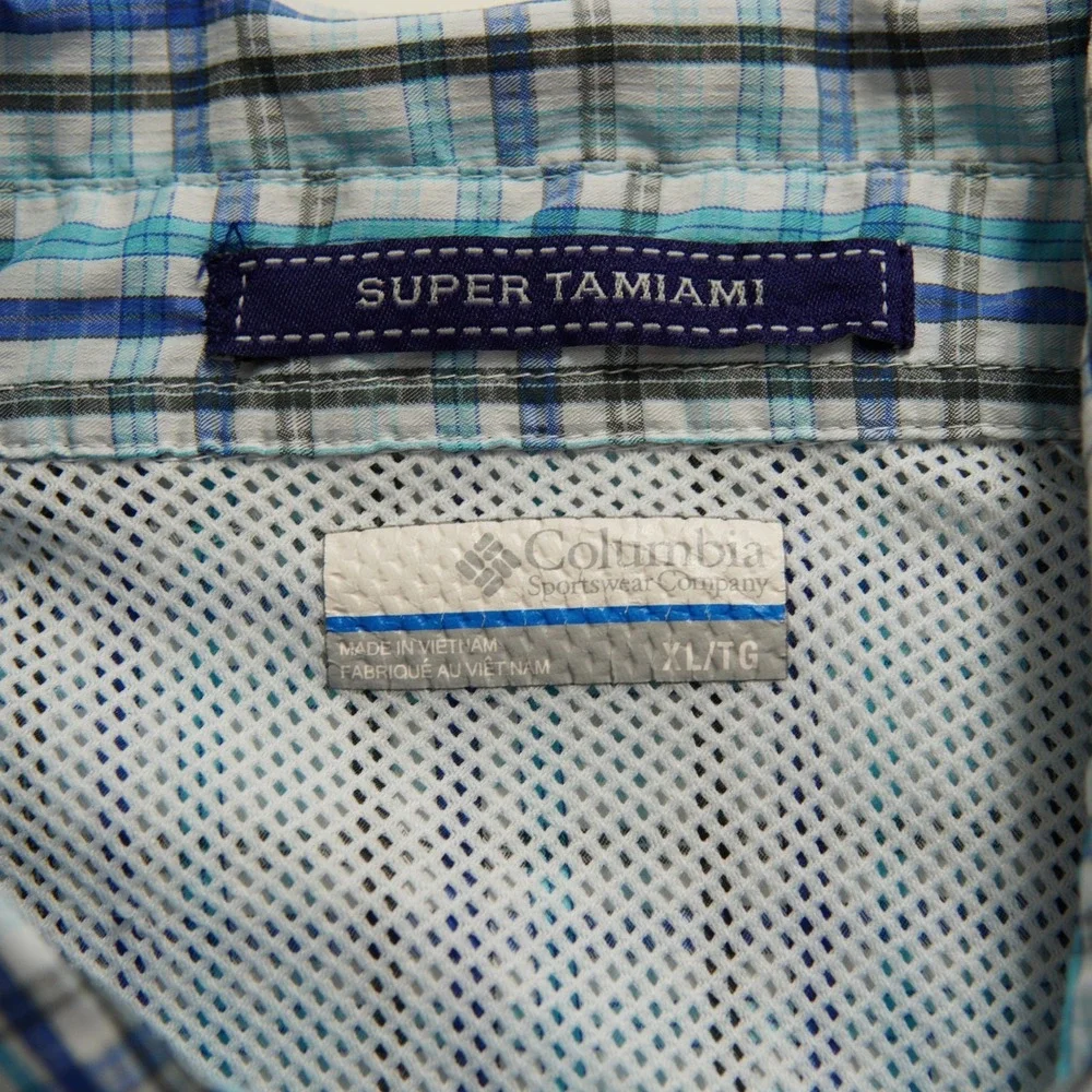 Columbia Super Tamiami Mens XL Blue White Plaid Vented Fishing Shirt Button Down